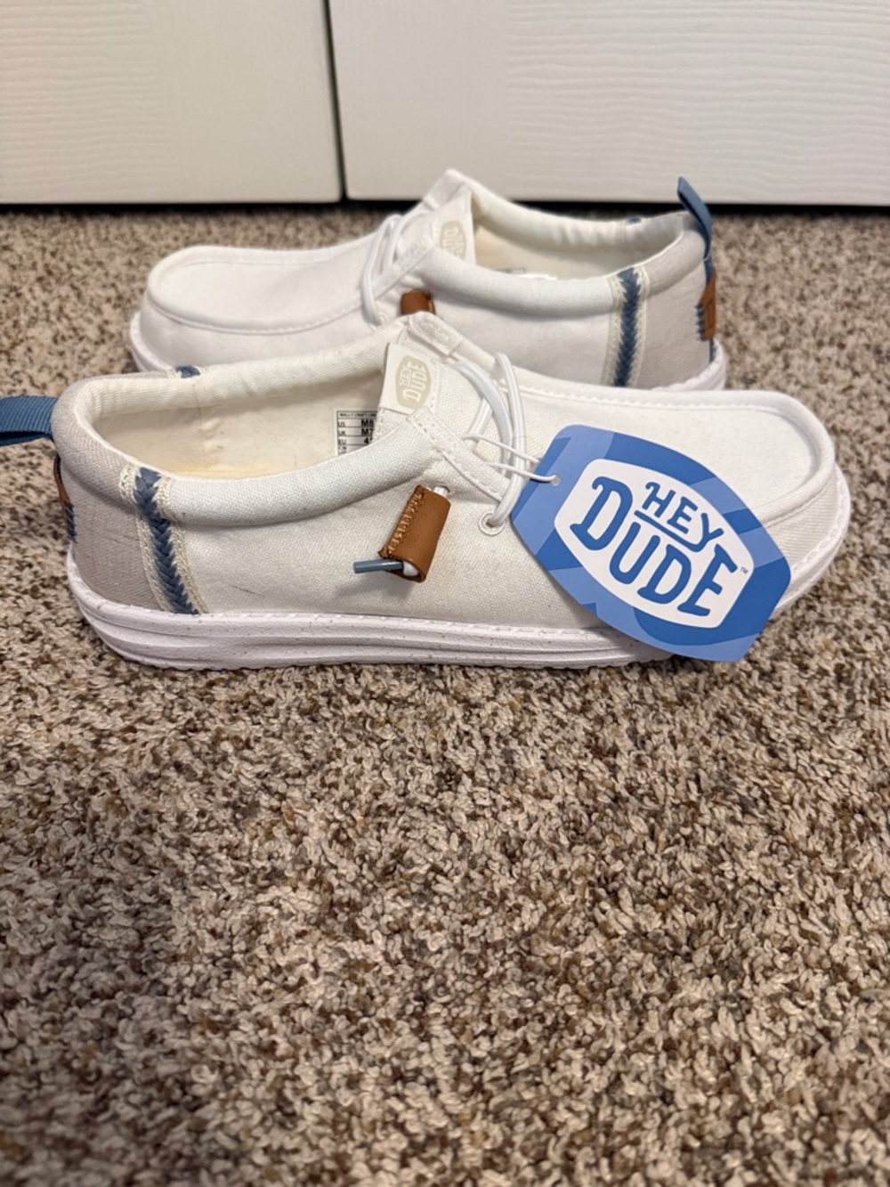 Brand New Hey Dude Mens Wendy Slip-On Shoes - White with Blue Trim